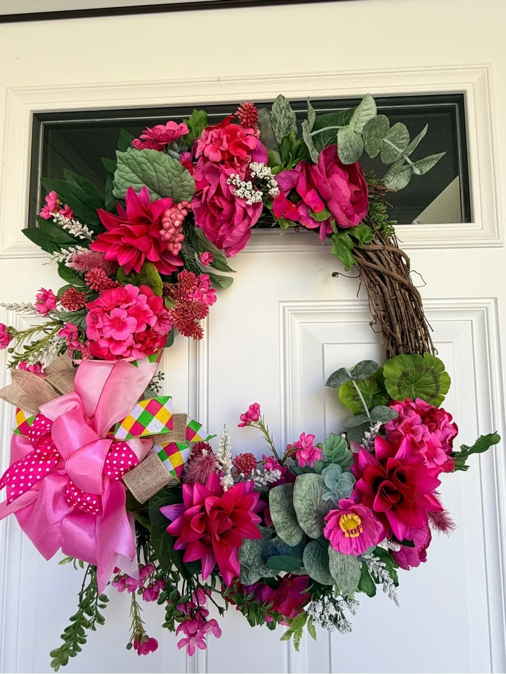 Pink Floral Grapevine Wreath with Bow